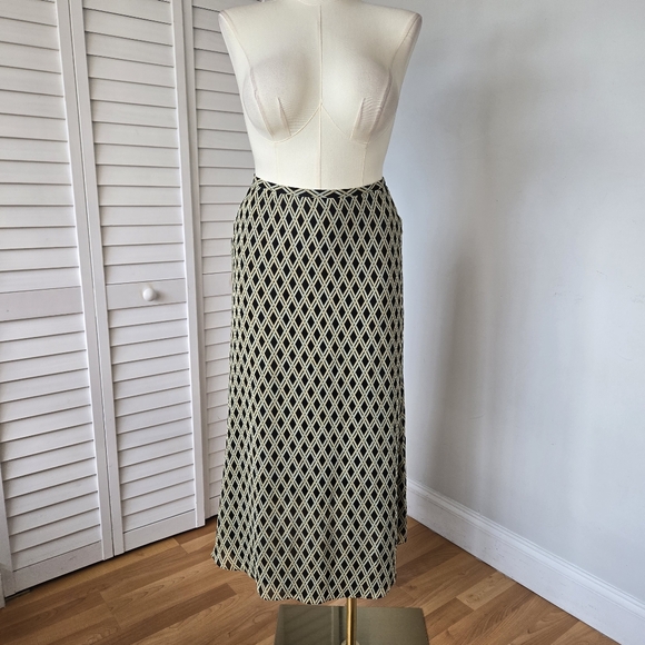 Peter Nygård Black Beige Geometric Silk Midi Skirt Size 10 Boho Minimalist Retro - Picture 1 of 15
